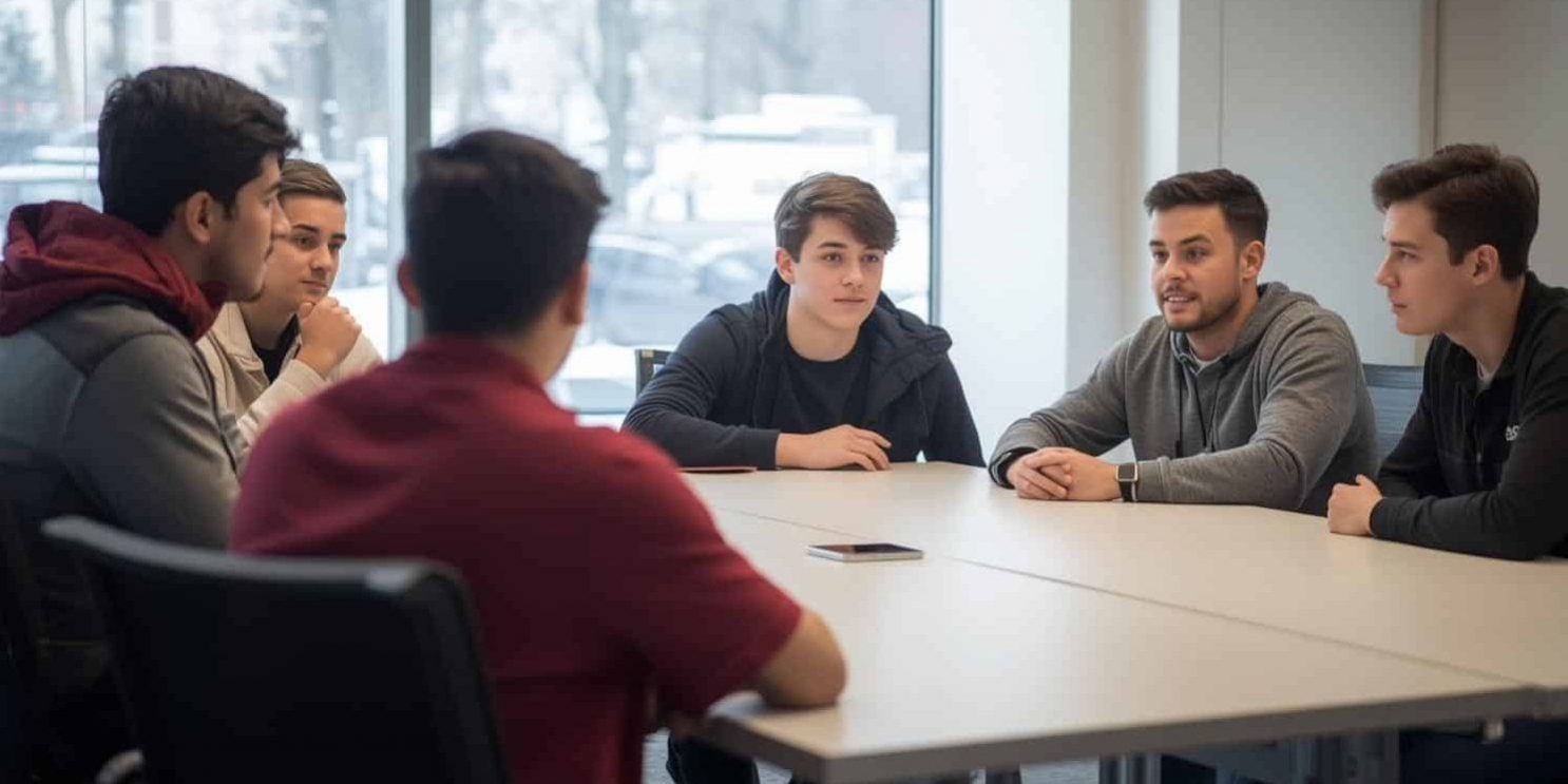 crea un’immagine con un gruppetto di studenti di circa 15-16 anni tutti maschi, ambientata in una sala riunioni