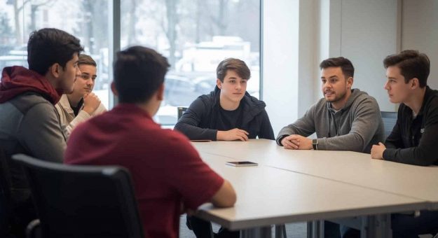 crea un’immagine con un gruppetto di studenti di circa 15-16 anni tutti maschi, ambientata in una sala riunioni